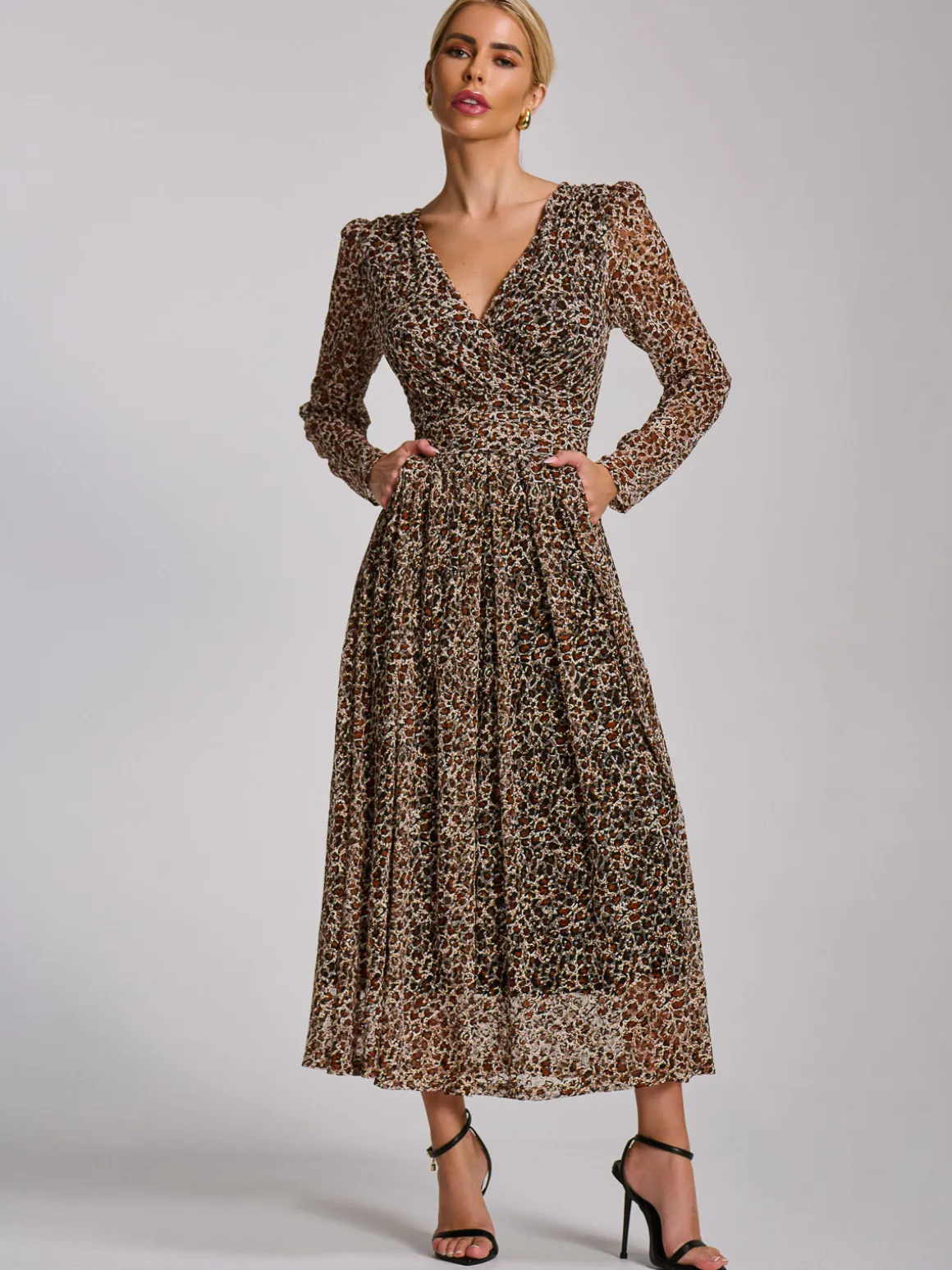 Long Sleeve Pleated Lace Maxi Dress, Neutral Animal