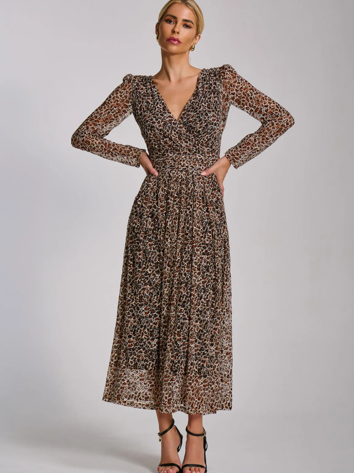 Long Sleeve Pleated Lace Maxi Dress, Neutral Animal