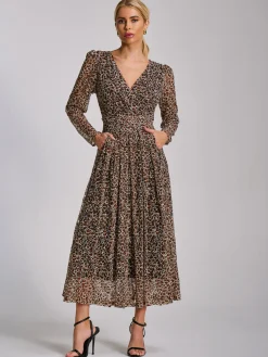 Long Sleeve Pleated Lace Maxi Dress, Neutral Animal