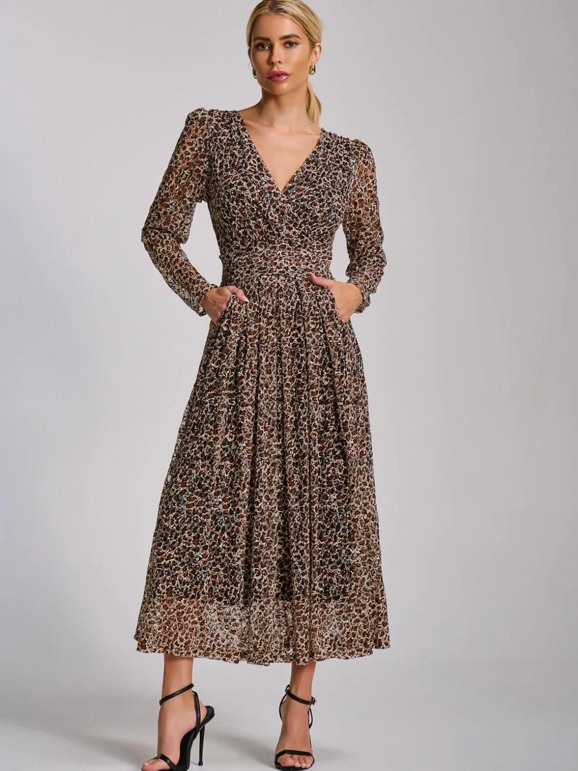 Long Sleeve Pleated Lace Maxi Dress, Neutral Animal