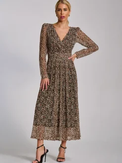 Long Sleeve Pleated Lace Maxi Dress, Neutral Animal