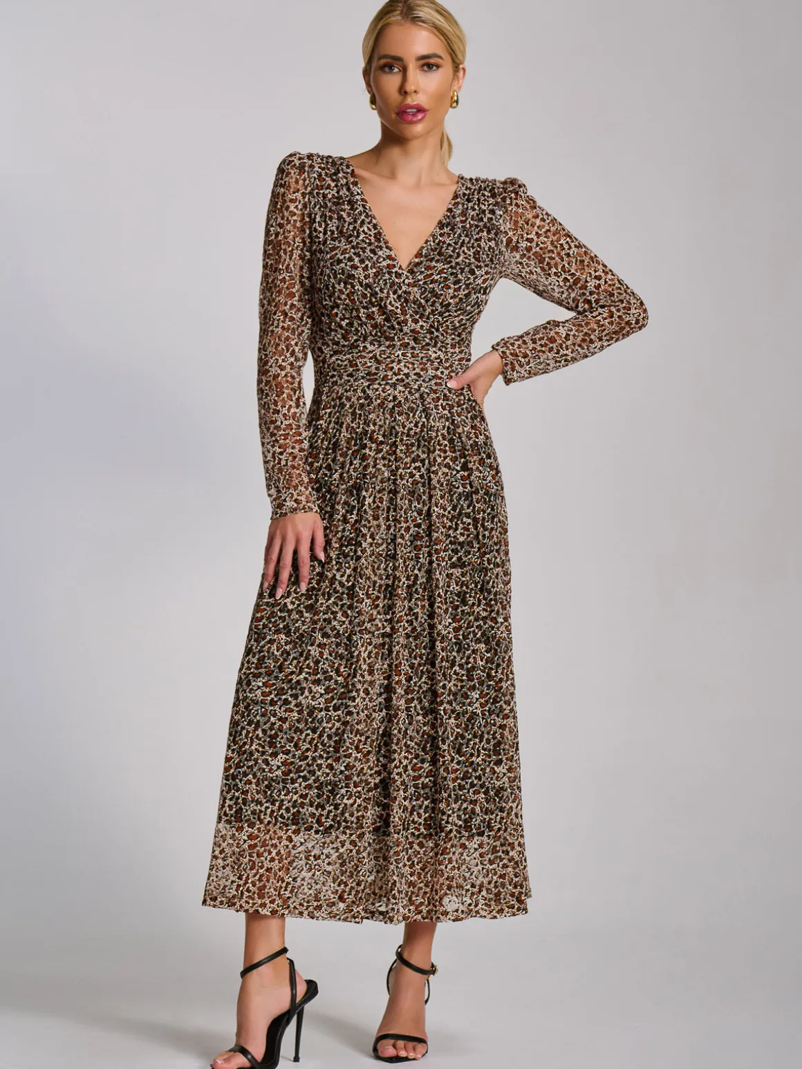 Long Sleeve Pleated Lace Maxi Dress, Neutral Animal