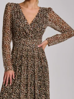 Long Sleeve Pleated Lace Maxi Dress, Neutral Animal