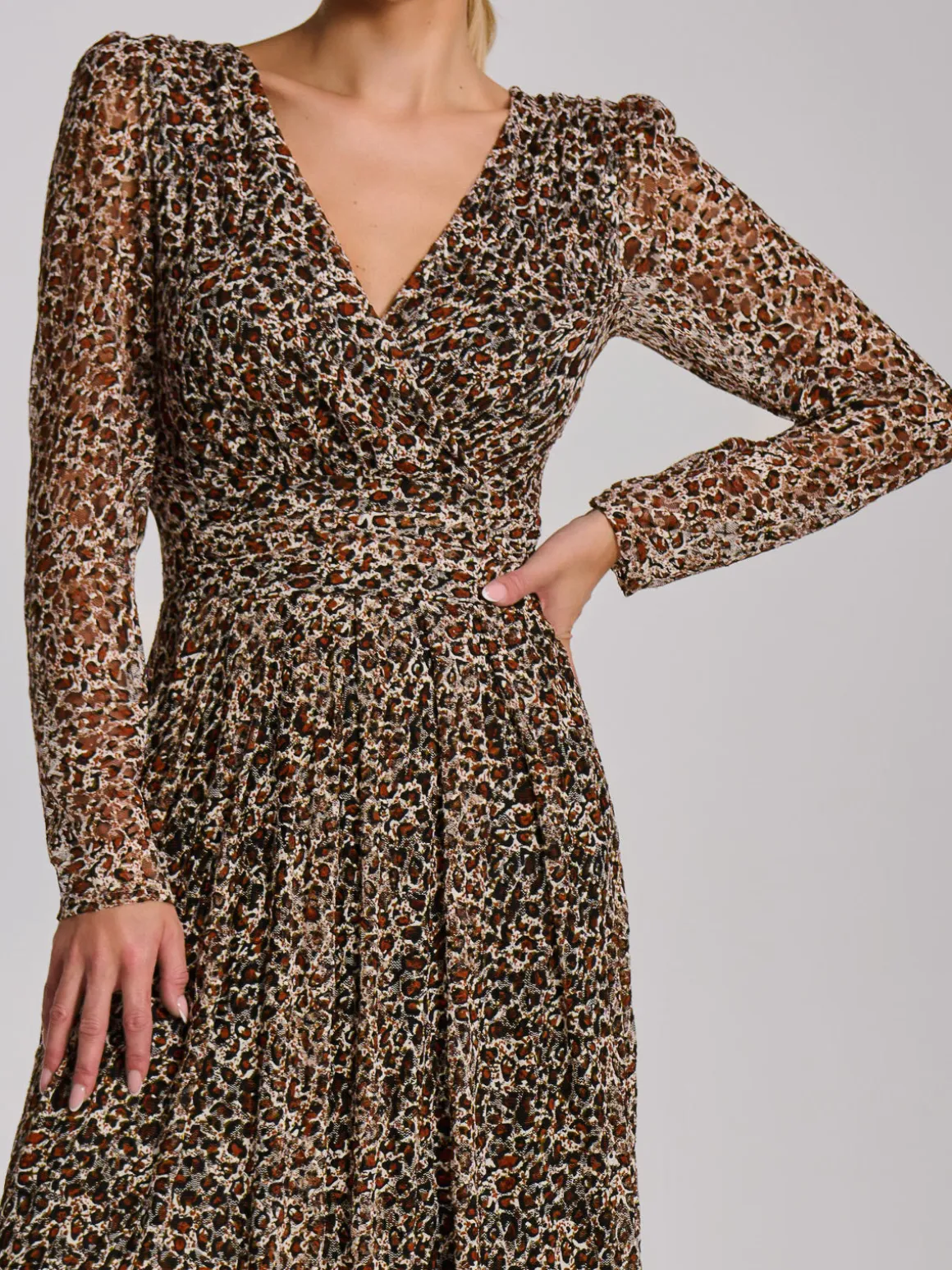 Long Sleeve Pleated Lace Maxi Dress, Neutral Animal