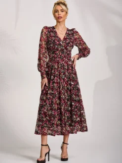 Long Sleeve Printed Lace Maxi Dress, Black Red Floral