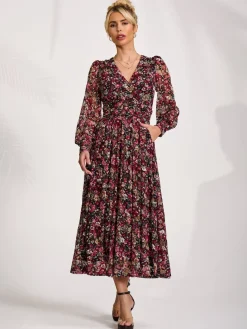 Long Sleeve Printed Lace Maxi Dress, Black Red Floral