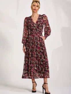 Long Sleeve Printed Lace Maxi Dress, Black Red Floral