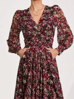 Long Sleeve Printed Lace Maxi Dress, Black Red Floral