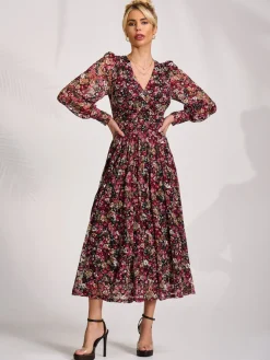 Long Sleeve Printed Lace Maxi Dress, Black Red Floral