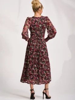 Long Sleeve Printed Lace Maxi Dress, Black Red Floral