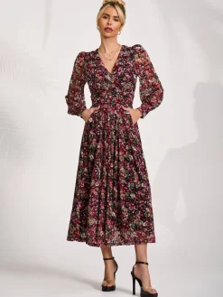Long Sleeve Printed Lace Maxi Dress, Black Red Floral
