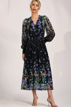 Long Sleeve Printed Lace Maxi Dress, Blue Multi