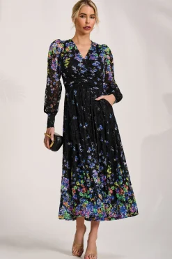 Long Sleeve Printed Lace Maxi Dress, Blue Multi