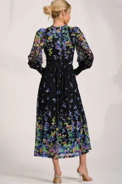 Long Sleeve Printed Lace Maxi Dress, Blue Multi