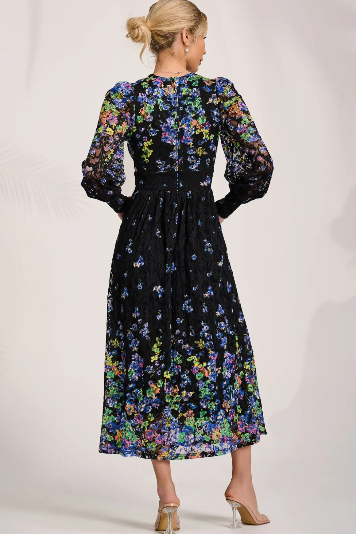 Long Sleeve Printed Lace Maxi Dress, Blue Multi