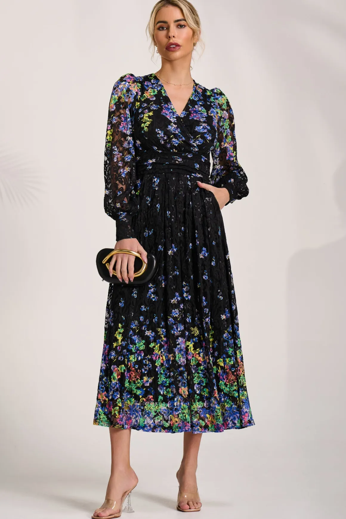 Long Sleeve Printed Lace Maxi Dress, Blue Multi