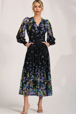 Long Sleeve Printed Lace Maxi Dress, Blue Multi