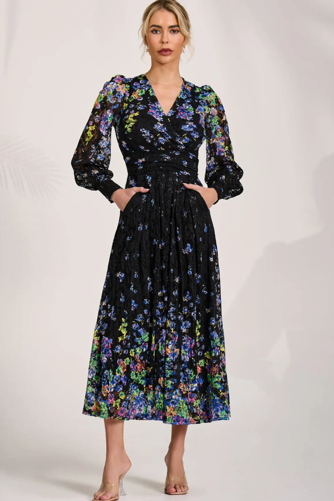 Long Sleeve Printed Lace Maxi Dress, Blue Multi