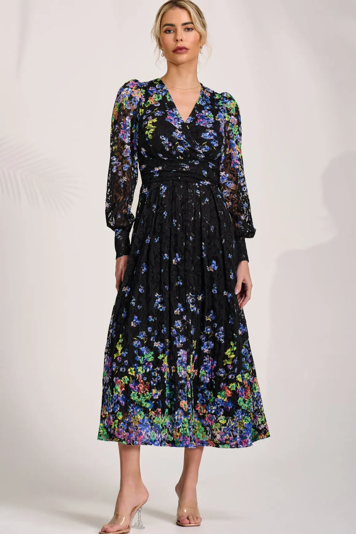 Long Sleeve Printed Lace Maxi Dress, Blue Multi