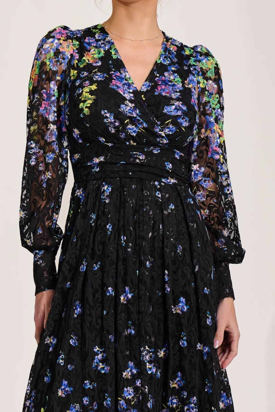 Long Sleeve Printed Lace Maxi Dress, Blue Multi