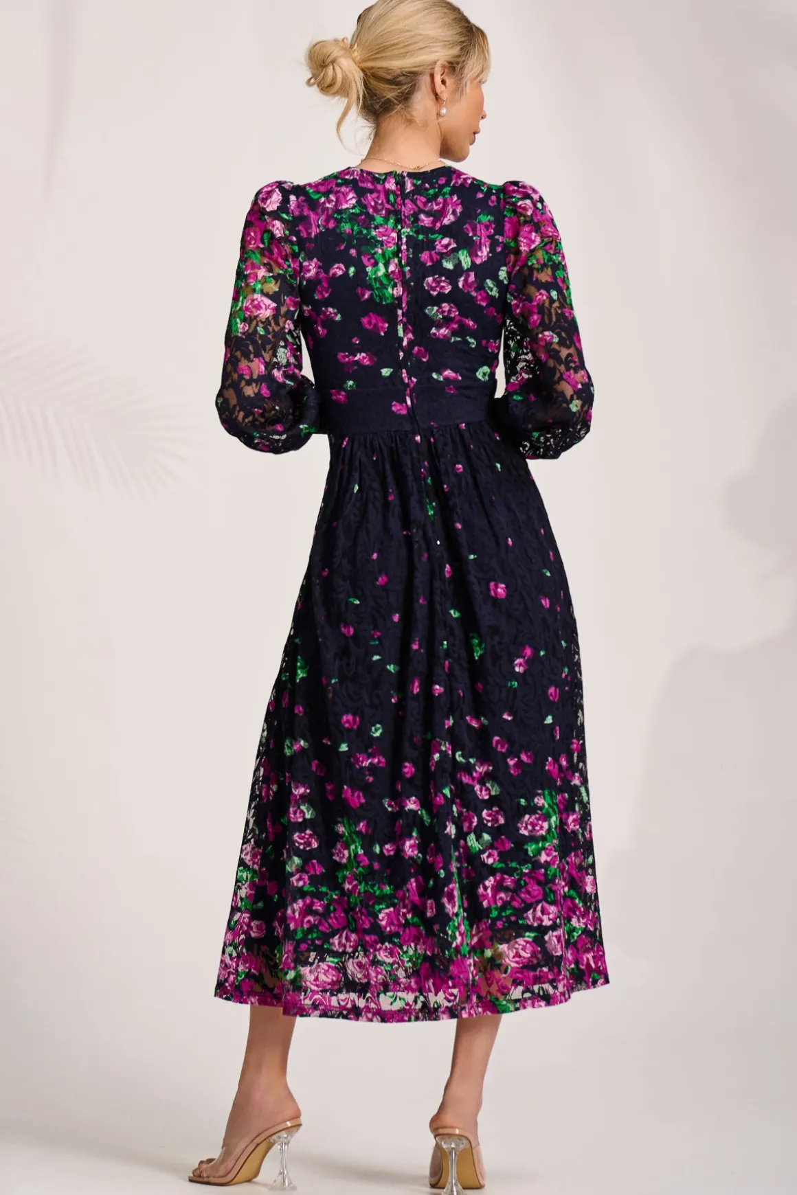 Long Sleeve Printed Lace Maxi Dress, Fuchsia Floral