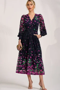 Long Sleeve Printed Lace Maxi Dress, Fuchsia Floral