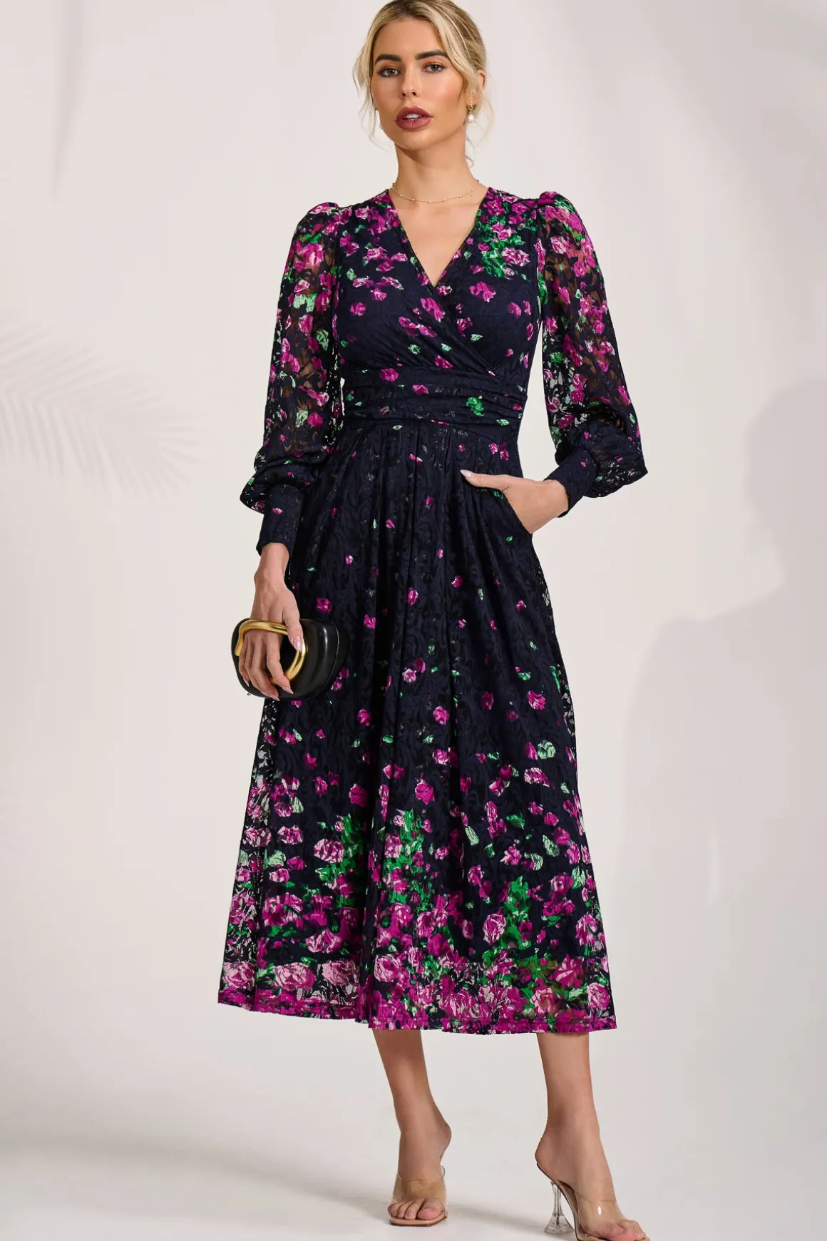 Long Sleeve Printed Lace Maxi Dress, Fuchsia Floral