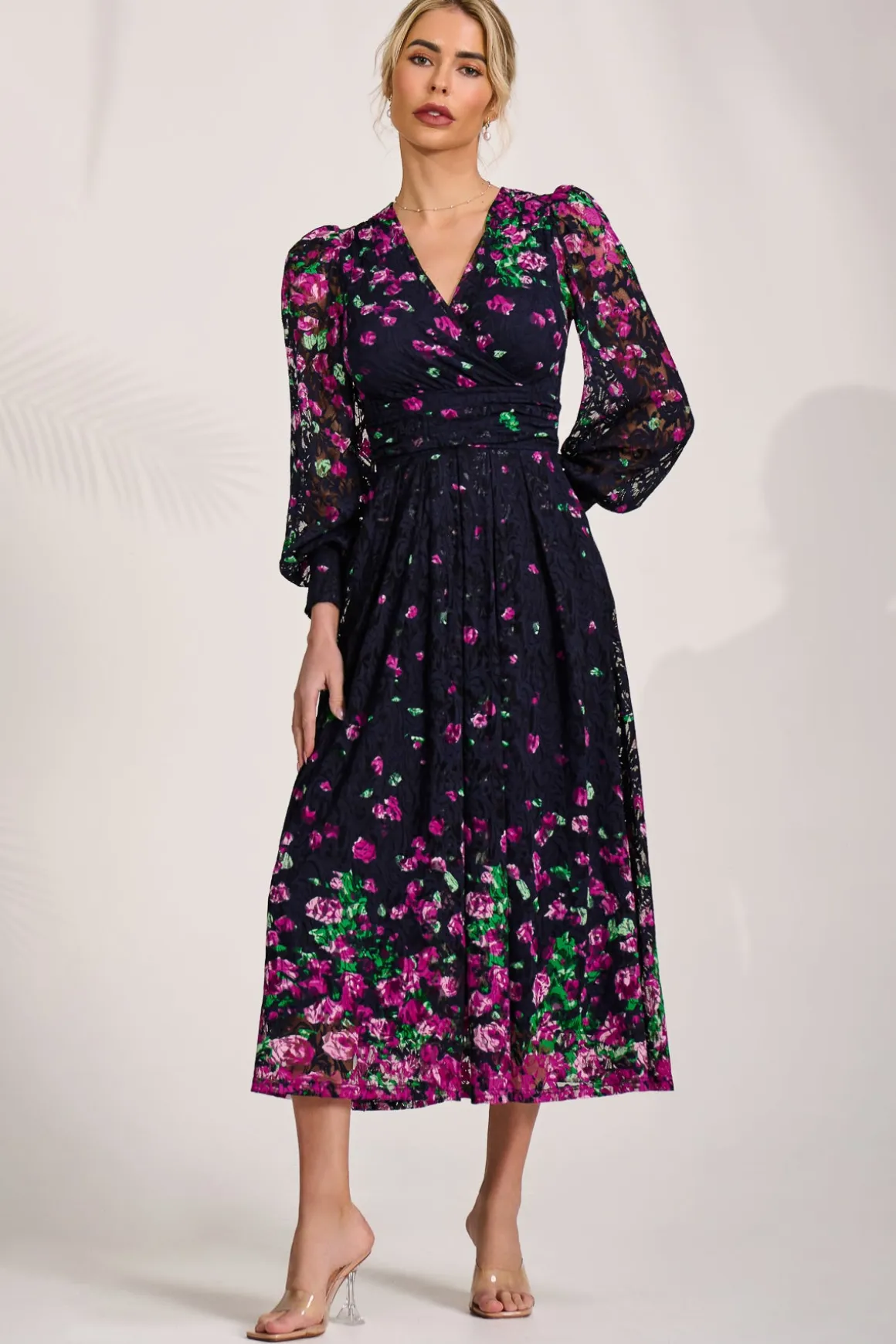 Long Sleeve Printed Lace Maxi Dress, Fuchsia Floral