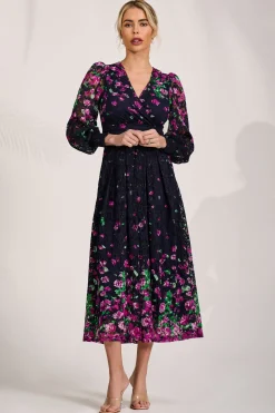 Long Sleeve Printed Lace Maxi Dress, Fuchsia Floral