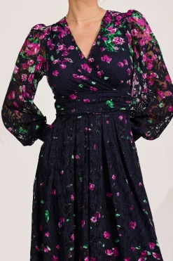 Long Sleeve Printed Lace Maxi Dress, Fuchsia Floral
