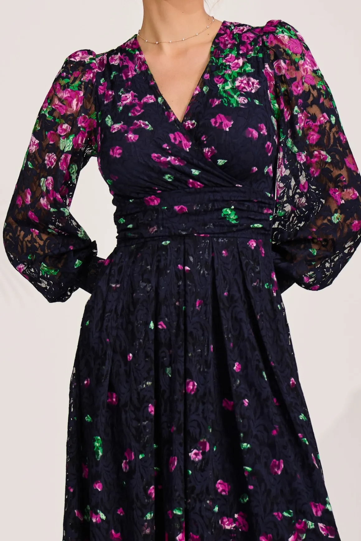 Long Sleeve Printed Lace Maxi Dress, Fuchsia Floral