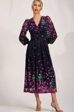 Long Sleeve Printed Lace Maxi Dress, Fuchsia Floral