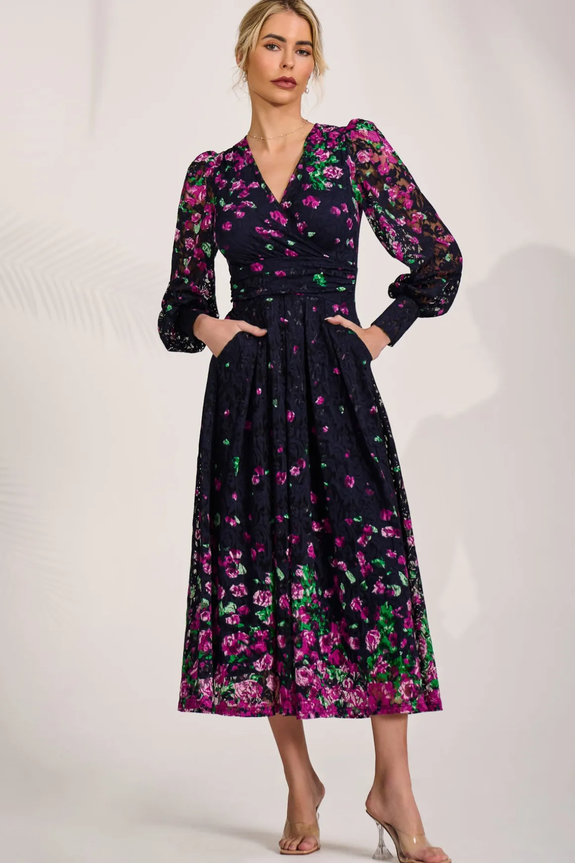 Long Sleeve Printed Lace Maxi Dress, Fuchsia Floral