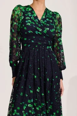 Long Sleeve Printed Lace Maxi Dress, Green Floral