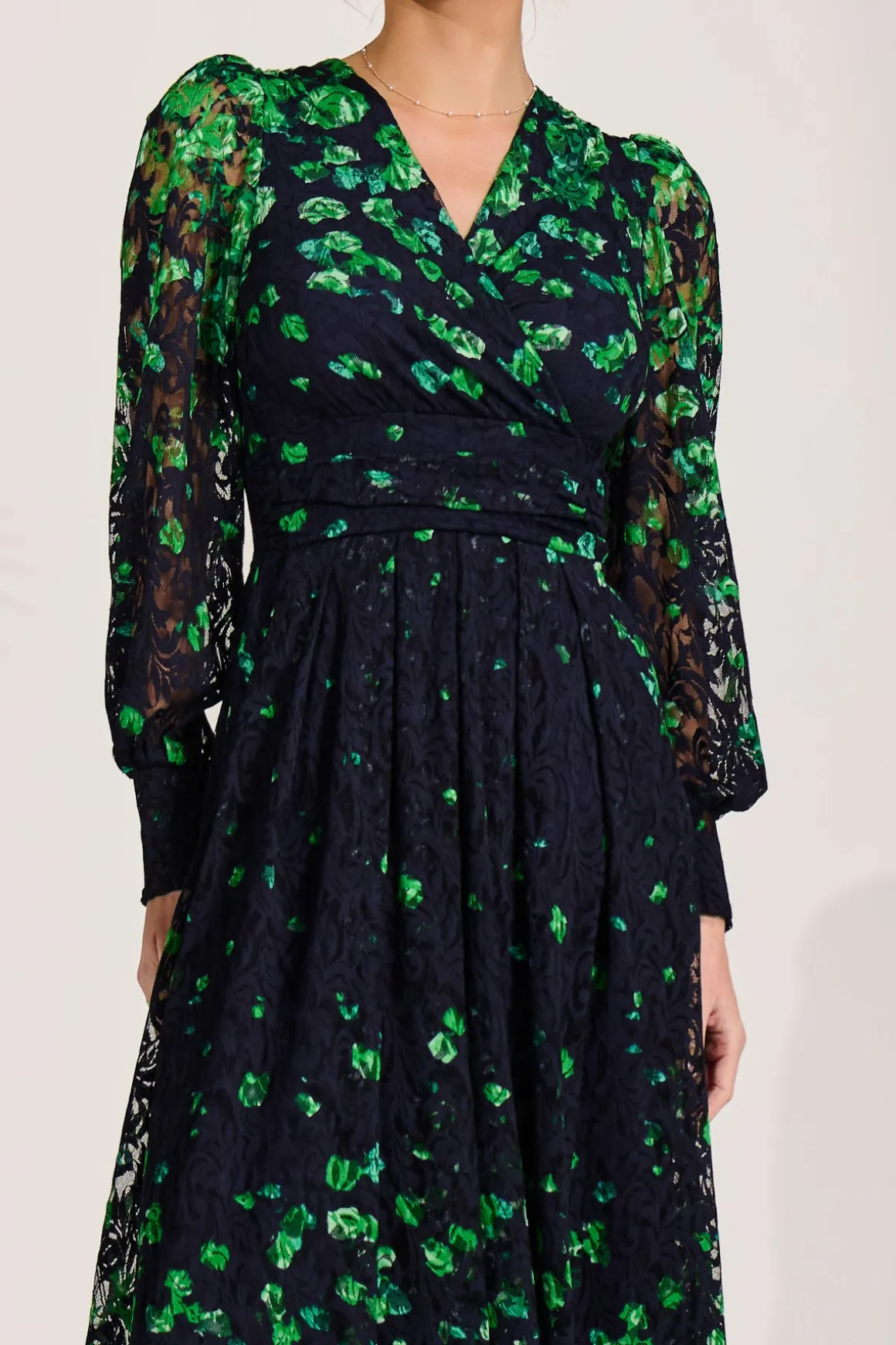 Long Sleeve Printed Lace Maxi Dress, Green Floral