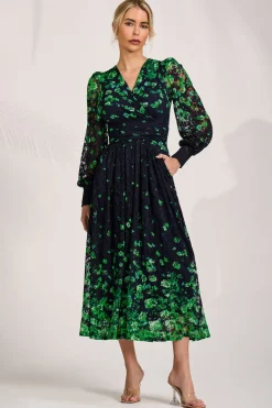 Long Sleeve Printed Lace Maxi Dress, Green Floral
