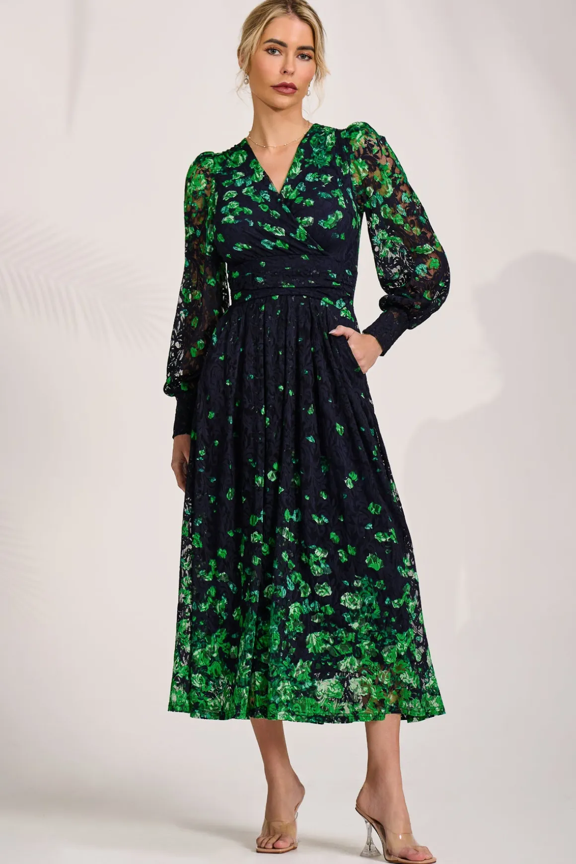 Long Sleeve Printed Lace Maxi Dress, Green Floral