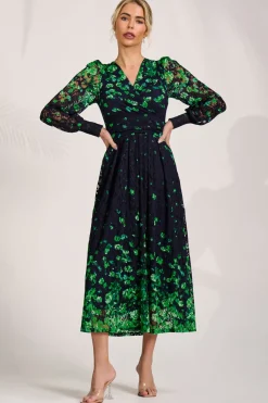 Long Sleeve Printed Lace Maxi Dress, Green Floral