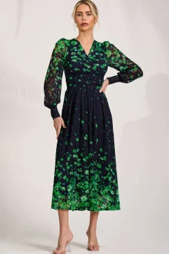 Long Sleeve Printed Lace Maxi Dress, Green Floral
