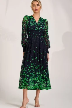 Long Sleeve Printed Lace Maxi Dress, Green Floral