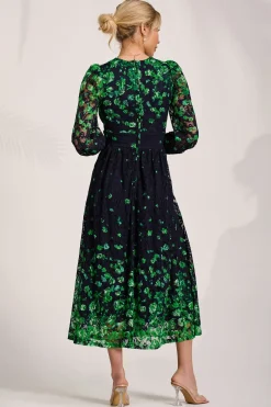 Long Sleeve Printed Lace Maxi Dress, Green Floral