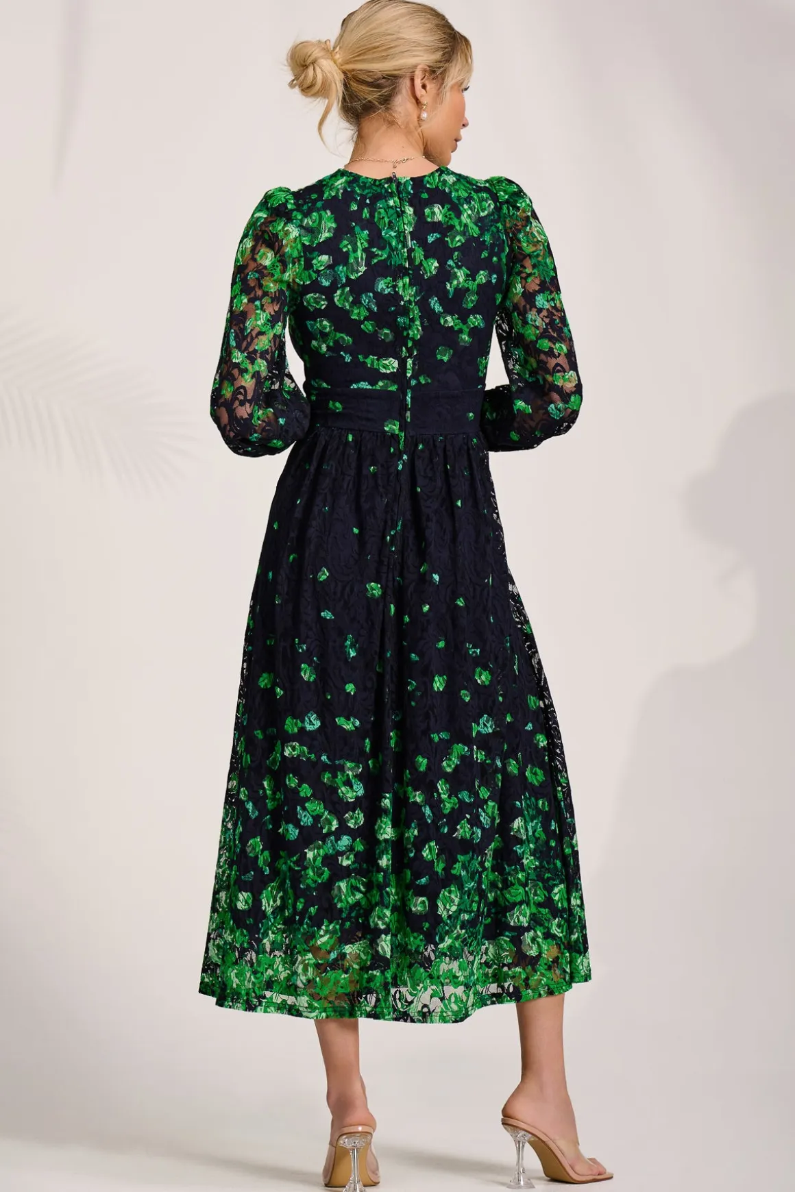 Long Sleeve Printed Lace Maxi Dress, Green Floral