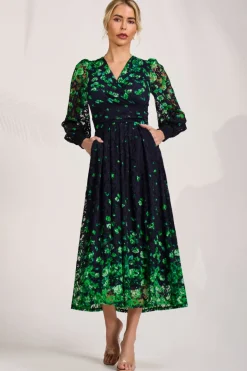 Long Sleeve Printed Lace Maxi Dress, Green Floral