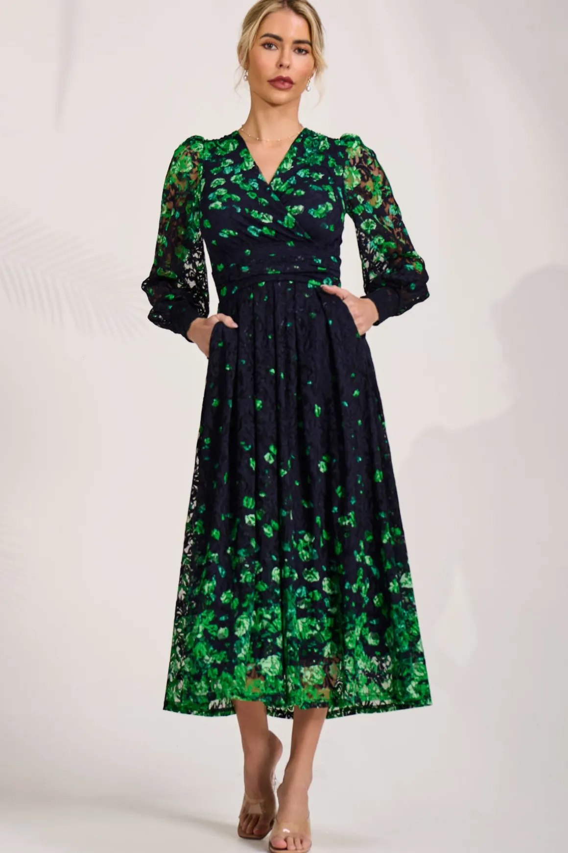 Long Sleeve Printed Lace Maxi Dress, Green Floral