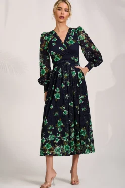 Long Sleeve Printed Lace Maxi Dress, Navy Floral