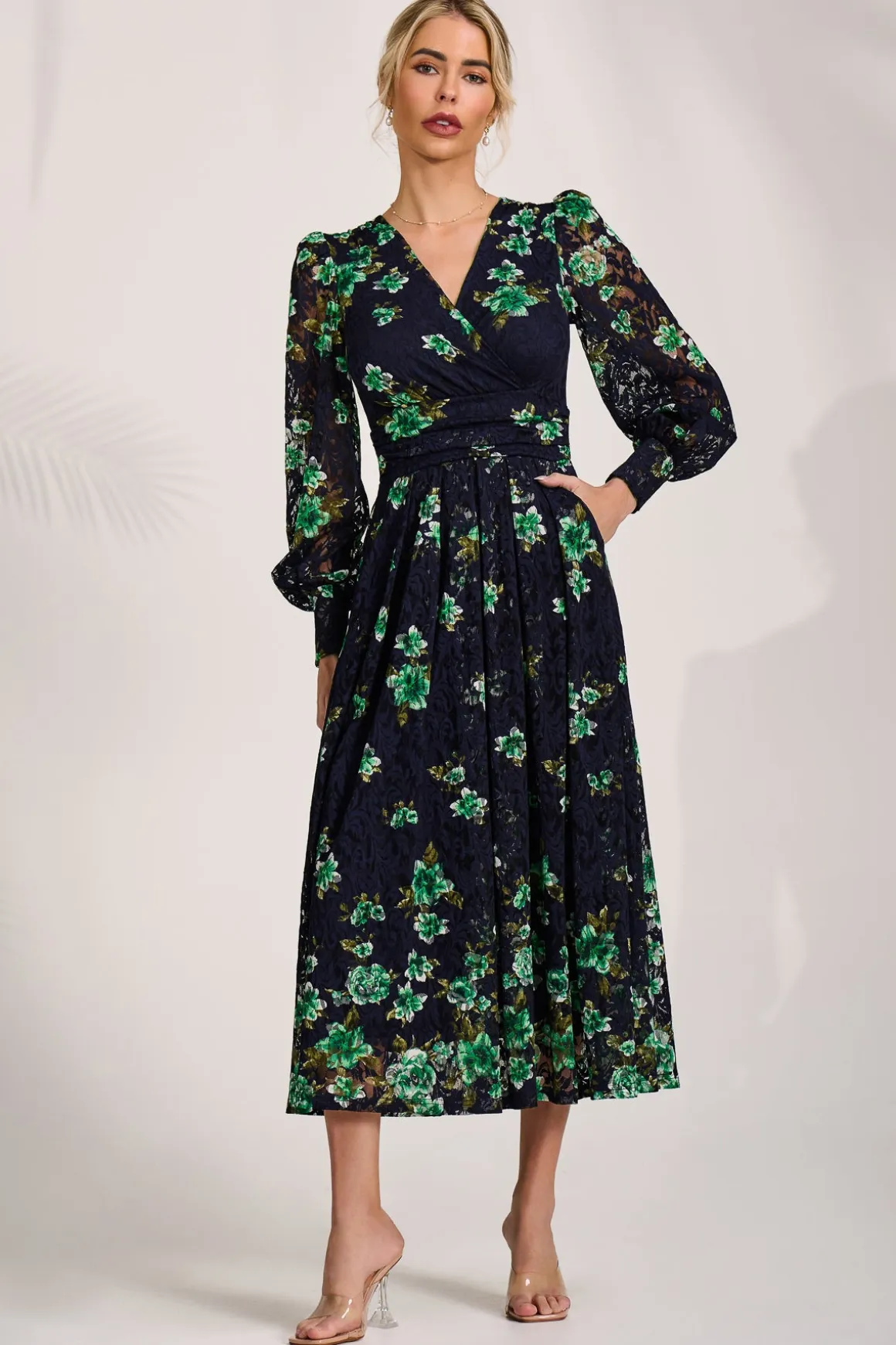 Long Sleeve Printed Lace Maxi Dress, Navy Floral