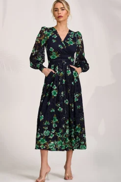 Long Sleeve Printed Lace Maxi Dress, Navy Floral