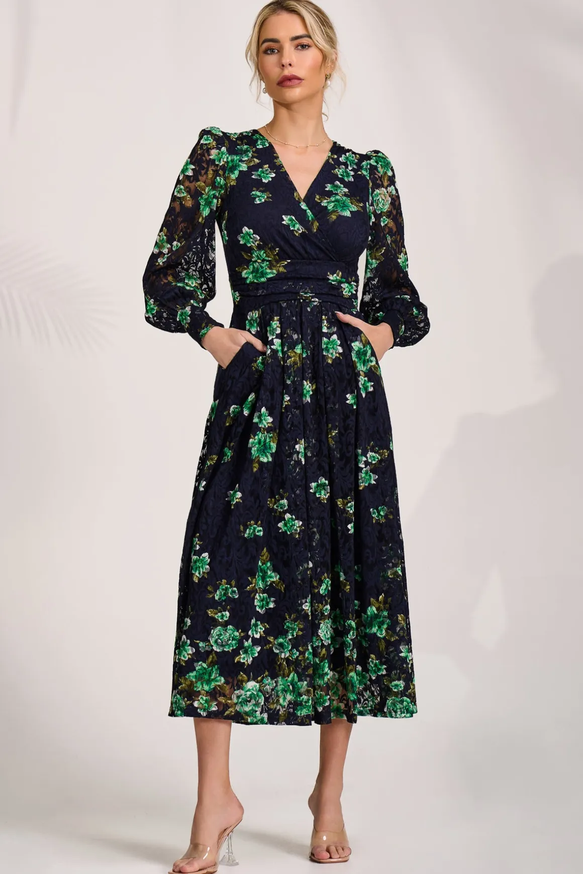 Long Sleeve Printed Lace Maxi Dress, Navy Floral