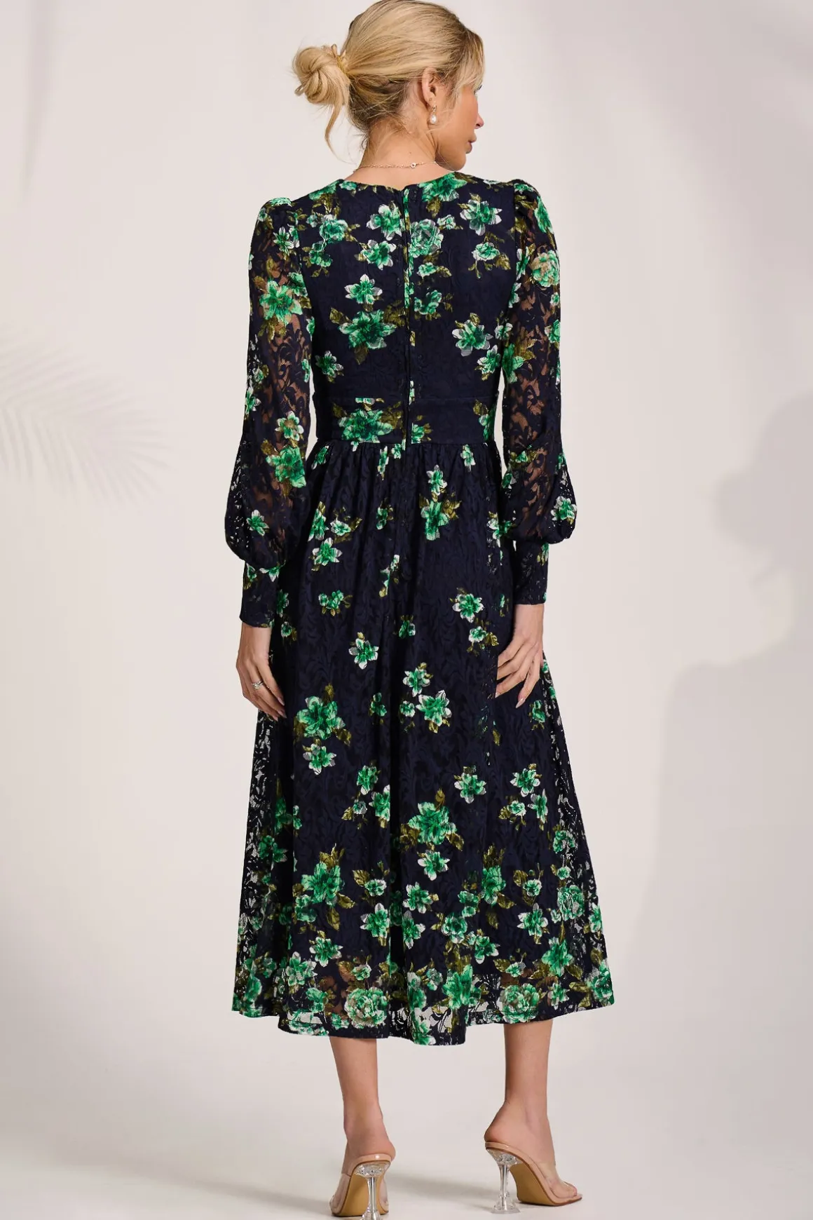 Long Sleeve Printed Lace Maxi Dress, Navy Floral
