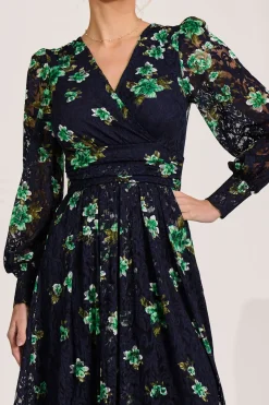 Long Sleeve Printed Lace Maxi Dress, Navy Floral